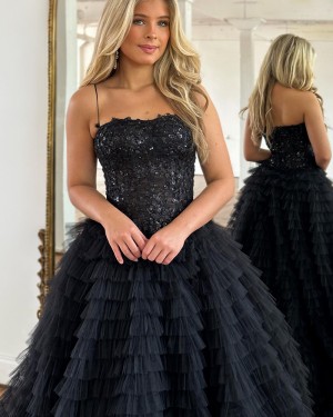 Sequin Bodice Spaghetti Straps Black Ruffle Formal Dress PD2548