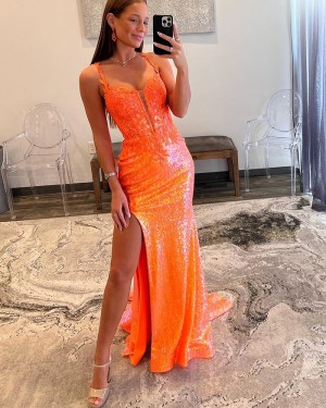 Orange Sequin Mermaid Spaghetti Straps Formal Dress with Appliques PD2550