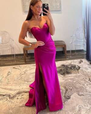 Eggplant Color Sweetheart Ruched Satin Mermaid Formal Dress with Side Slit PD2551