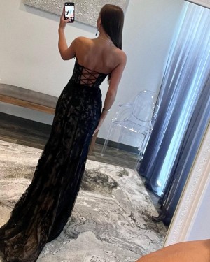 Black Lace Mermaid Sweetheart Formal Dress with Side Slit PD2552