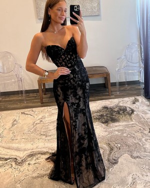 Black Lace Mermaid Sweetheart Formal Dress with Side Slit PD2552