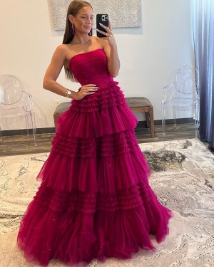 Special Burgundy Strapless Layered Tulle Formal Dress PD2554