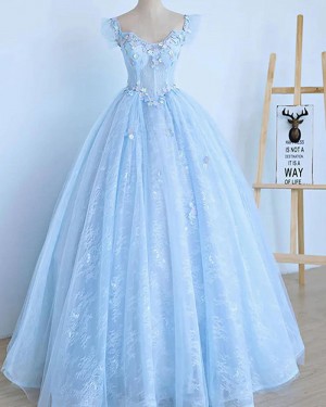 Sky Blue V-neck Applique Lace Ball Gown Formal Dress PD2557