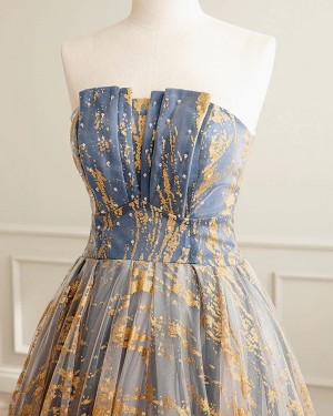 Unique Gold & Blue Strapless Ruched Formal Dress PD2558