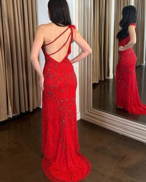 Red Beading One Shoulder Mermaid Formal Dress with Feathers PD2561