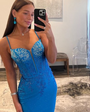 Beading Blue Spaghetti Straps Mermaid Formal Dress with Side Slit PD2564