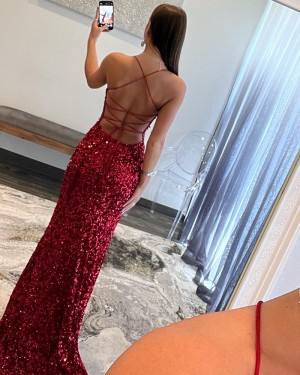 Burgundy Spaghetti Straps Sequin Formal Dress with Side Slit PD2566