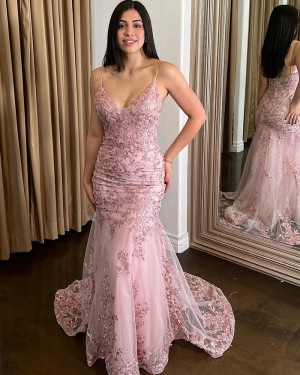 Pearl Pink Lace Applique Spaghetti Straps Mermaid Formal Dress PD2569