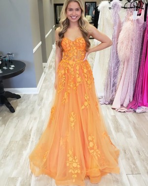 Orange Spaghetti Straps Lace Applique A-line Formal Dress PD2570