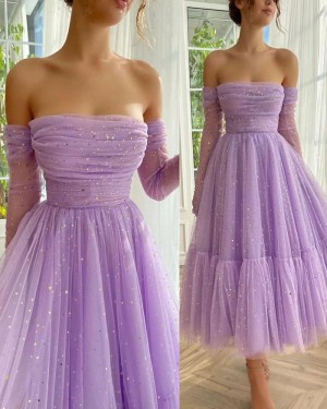 Ruched Sparkle Lavender Ankle Length Graduation Dress with Removable Sleeves PD2585