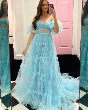Cyan Tulle Applique Off the Shoulder Long Formal Dress with Short Sleeves PD2592