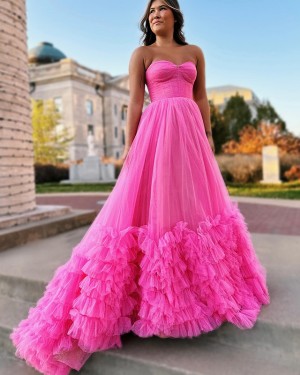 Special Pink Tulle Ruffled Strapless Long Formal Dress PD2593