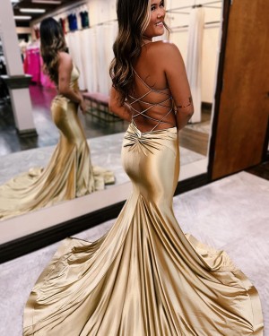 Metallic Champagne Spaghetti Straps Mermaid Long Formal Dress PD2594