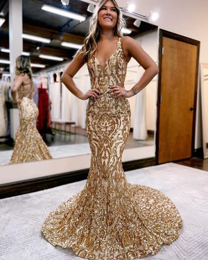 V-neck Gold Sequin Lace Unique Mermaid Long Formal Dress PD2599