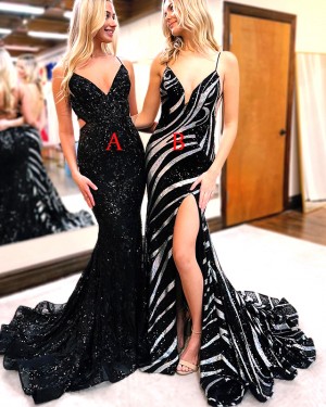 Black Sequin Lace Spaghetti Straps Mermaid Long Formal Dress PD2602