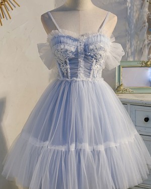 Dusty Blue Beading Ruched Tulle Spaghetti Straps Short Formal Dress with Bowknot PD2607