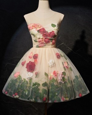 Floral Cute Jewel Neckline Short Party Dress with 3D Flowers PD2608