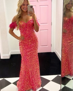 Coral Pink Sequin Off the Shoulder Long Formal Dress with Feathers PD2609