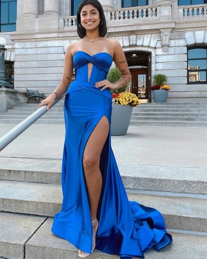 Blue Satin Ruched Sweetheart Long Formal Dress with Side Slit PD2612