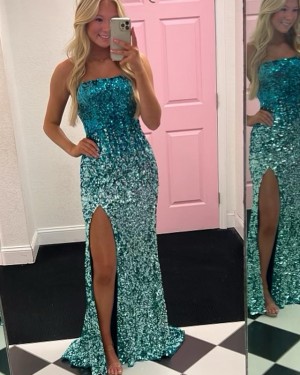 Green Ombre Sequin Strapless Long Formal Dress with Side Slit PD2621
