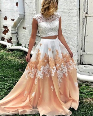 High Neck Two Piece Lace Bodice Ombre Long Formal Dress PM1265