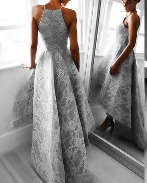 High Low Spaghetti Straps Lace Grey Prom Dress PM1266