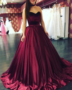 Simple Burgundy Satin Sweetheart Pleated Ball Gown Prom Dress PM1267