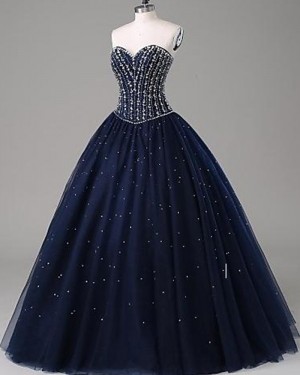 Sweetheart Sparkle Beading Navy Blue Ball Gown Prom Dress PM1268