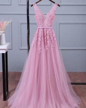 V-neck Lace Appliqued Tulle Pink Long Formal Dress PM1269
