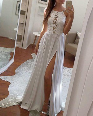 Spaghetti Straps Lace Bodice Grey Chiffon Prom Dress with Side Slit PM1270