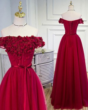 Off the Shoulder Red Tulle Prom Dress with Handmade Flowers PM1271