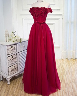 Off the Shoulder Red Tulle Prom Dress with Handmade Flowers PM1271
