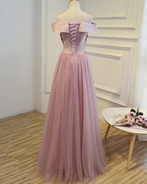 Off the Shoulder Lavender Tulle Prom Dress with Handmade Flowers PM1272