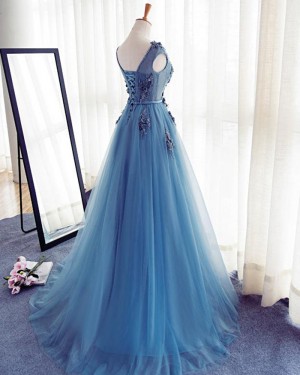 Jewel Blue Tulle Handmade Flowers Long Formal Dress PM1273