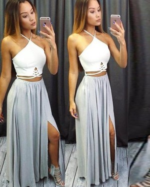 Halter White & Dusty Blue Cutout Chiffon Long Formal Dress with Side Slit PM1275