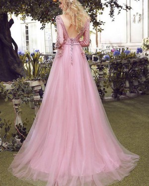 V-neck Blush Pink Tulle Handmade Flower Evening Dress with Long Sleeves PM1277