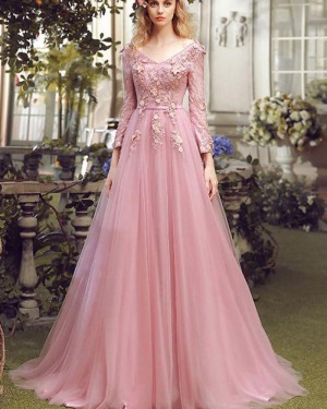 V-neck Blush Pink Tulle Handmade Flower Evening Dress with Long Sleeves PM1277