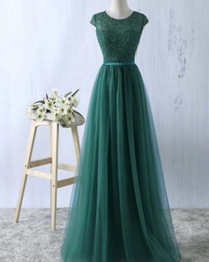 Green Sheer Lace Bodice Tulle Long Formal Dress PM1278