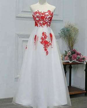 Red Lace Applique White Tulle Long Formal Dress PM1281