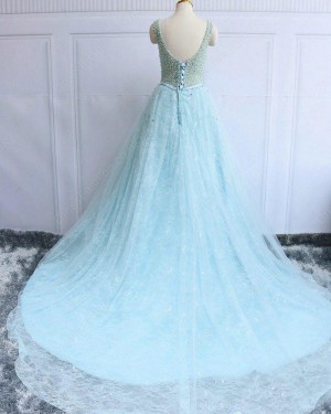 Jewel Beading Sparkle Cyan Lace Long Evening Dress PM1282