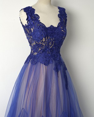 V-neck Blue and Pink Lace Bodice Long Formal Dress PM1284