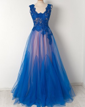 V-neck Blue and Pink Lace Bodice Long Formal Dress PM1284