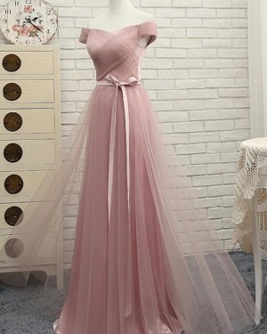 Dusty Pink Ruched Tulle Long Bridesmaid Dress PM1285