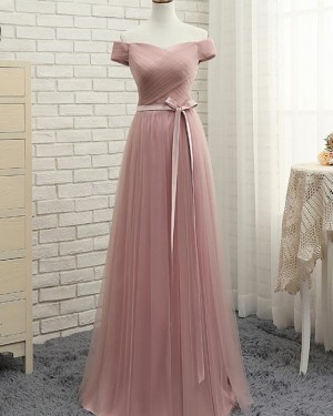 Dusty Pink Ruched Tulle Long Bridesmaid Dress PM1285