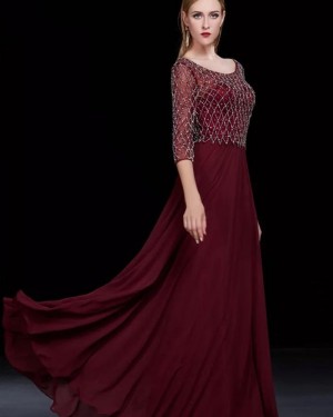 Bateau Burgundy Beading Satin Evening Dress with 3/4 Length Sleeves PM1286