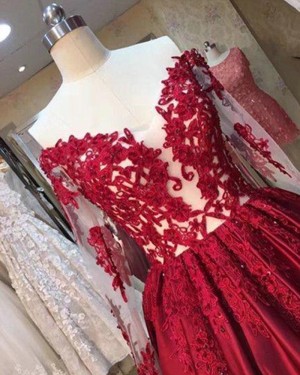 Red Appliqued Satin Ball Gown Evening Dress with Long Sleeves PM1287