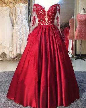 Red Appliqued Satin Ball Gown Evening Dress with Long Sleeves PM1287