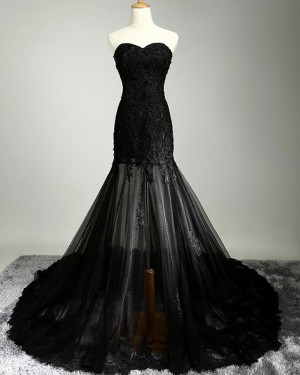 Sweetheart Lace Appliqued Black Mermaid Evening Dress PM1288