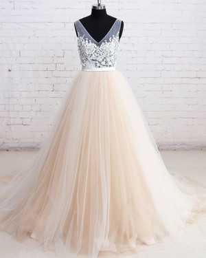 White and Champagne V-neck Tulle Floral Ball Gown Prom Dress PM1290