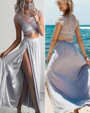 Jewel Appliqued Two Piece Dusty Blue Chiffon Prom Dress PM1291